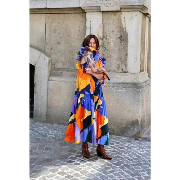 Mara Hoffman Zarela Puff Sleeve Goemetric Abstract Pullover Midi Dress M…